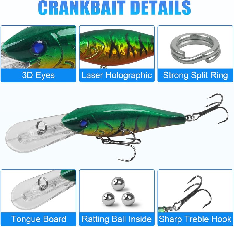 Fishing Lures Kit - Crankbait Minnow Hard Bait Set for Bass & Trout | Deep Diving Jerkbait & Swimbait