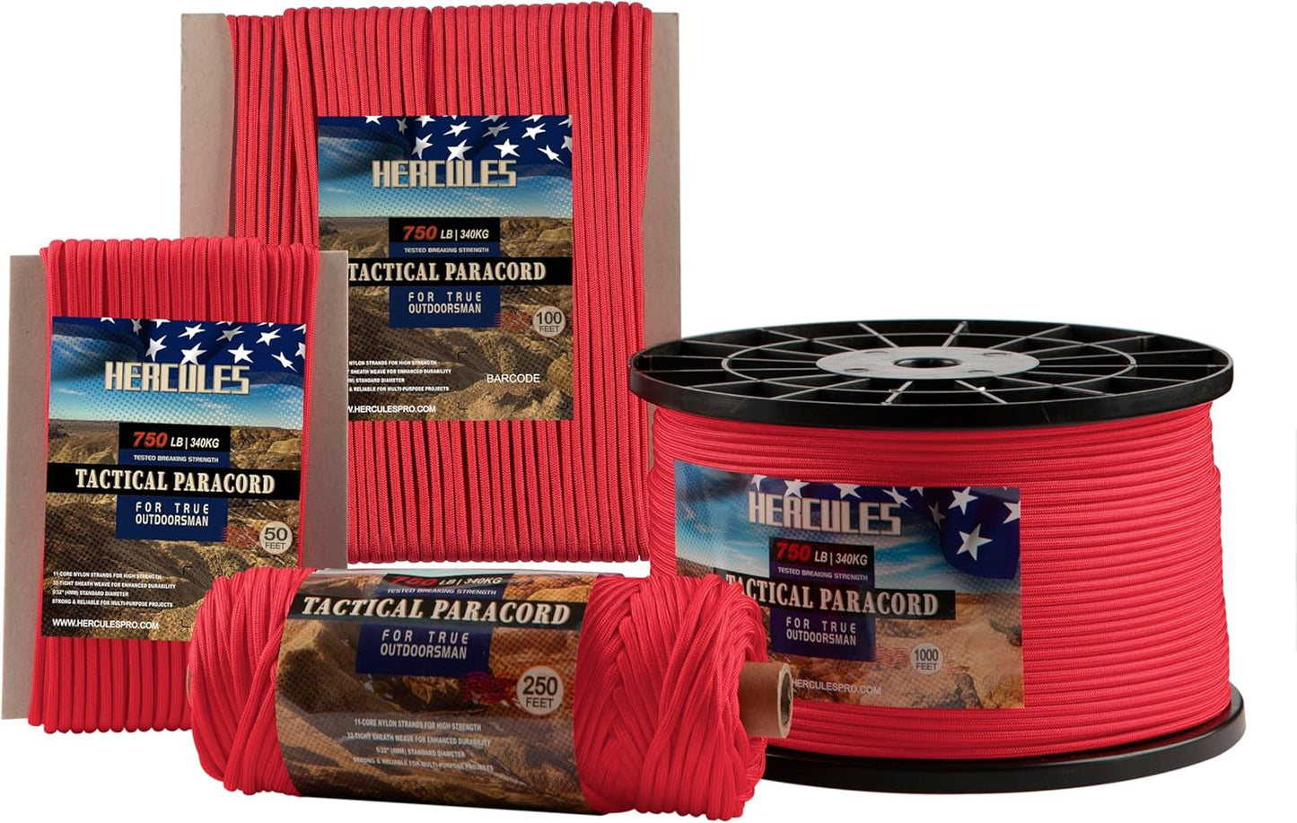 HERCULES 750lb Tactical Paracord - 4mm 11-Strand Utility Rope for Camping & Survival | Imperial Red, 50FT