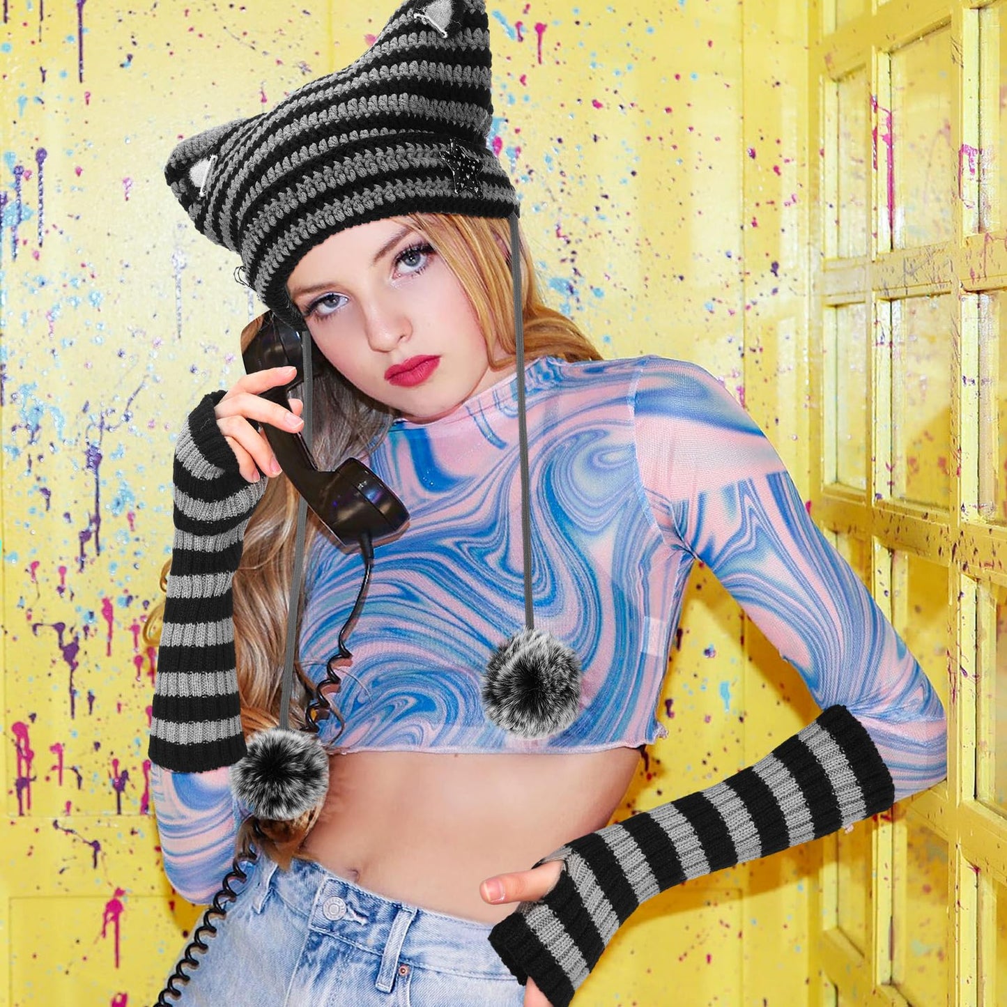 Silicherry Y2k Beanie Cat Crochet Hats Cat Beanie Accessories with Kawaii Leg Cover for Women Girls(Black,Gray,Classic)