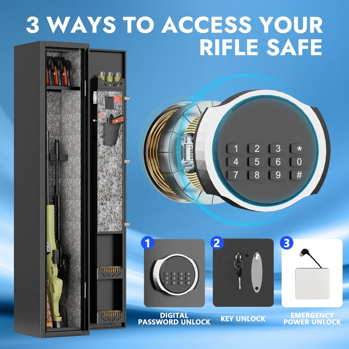 KAER 2-3 Gun Safe,Rifle Safe,Gun Safe for Rifles and Pistols,Gun Cabinet for Shotguns,Long Gun Cabinet for Shotguns with Removable Storage Shelf,LED Light,Quick Access Rifle Safes,Adjustable Shelves