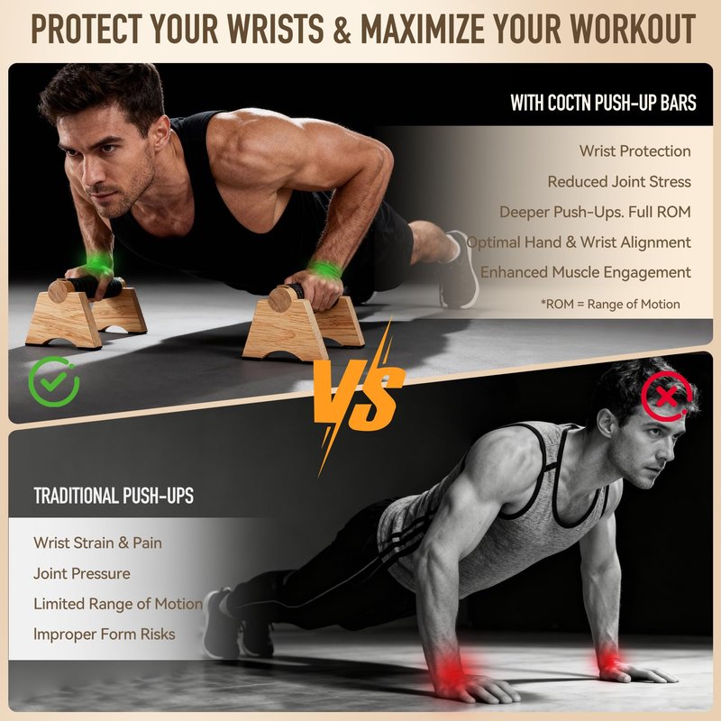 Wood Push up Bar, 2 PCS Parallettes Bars for Men Strength Training, Calisthenics Equipment for Handstand Training (wood, 30cm)