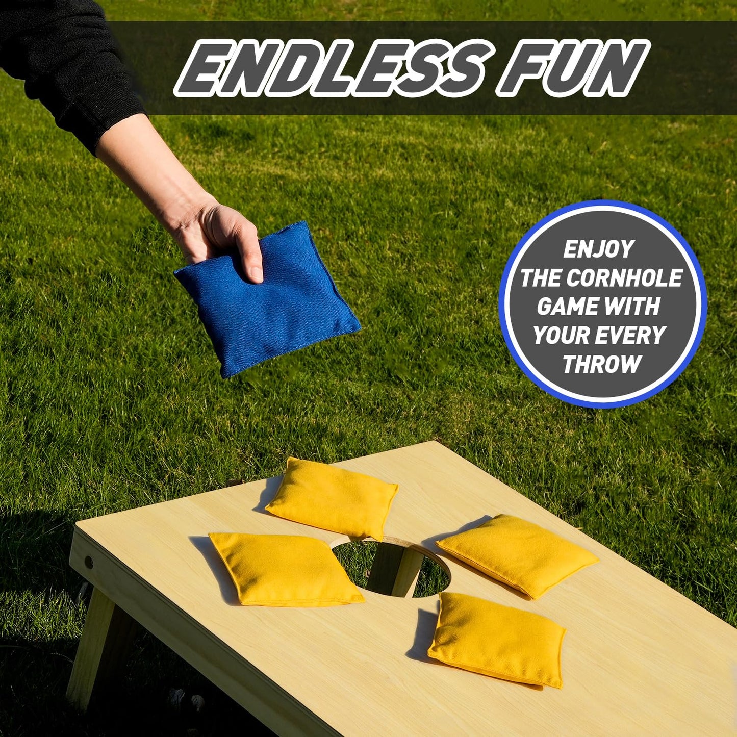 POTIVE Cornhole Bags Set of 8 Regulation Corn Hole Bean Bags for Cornhole Game, Professional Weather Resistant Corn Hole Bags with Tote Bag（Blue/Yellow）
