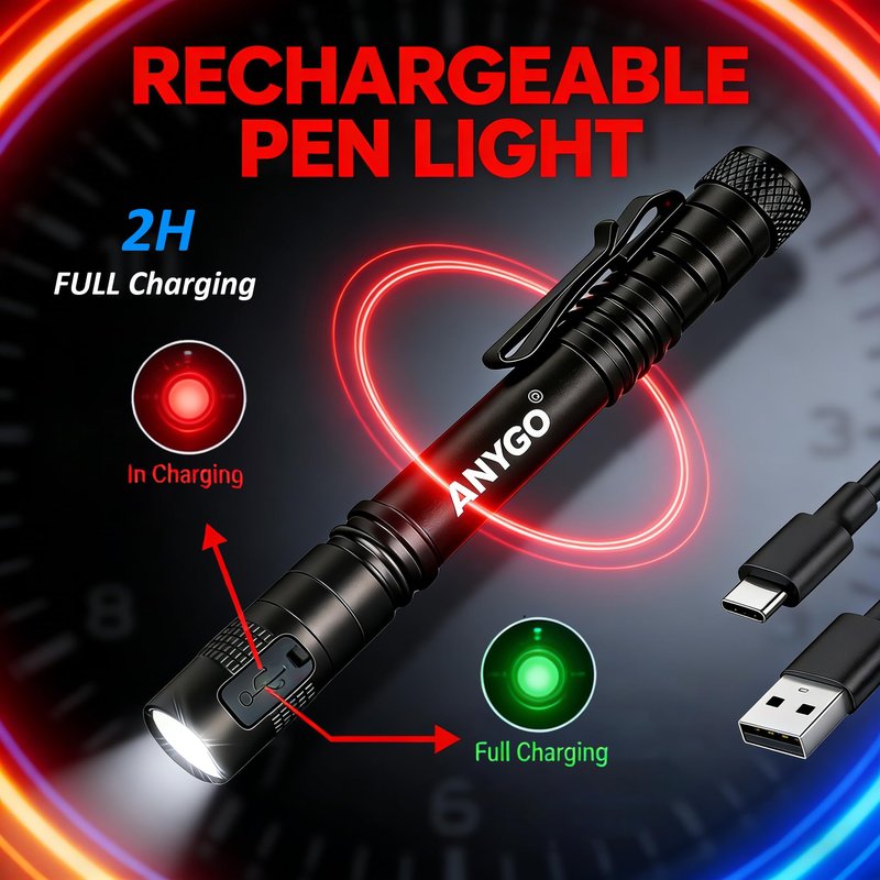 ANYGO Rechargeable Pen Light Flashlight, High Lumens Pocket Flashlight with Clip, 2 Modes Waterproof Small Flashlights, LED Mini EDC Tactical Flash Light for Inspection, Work, Repair