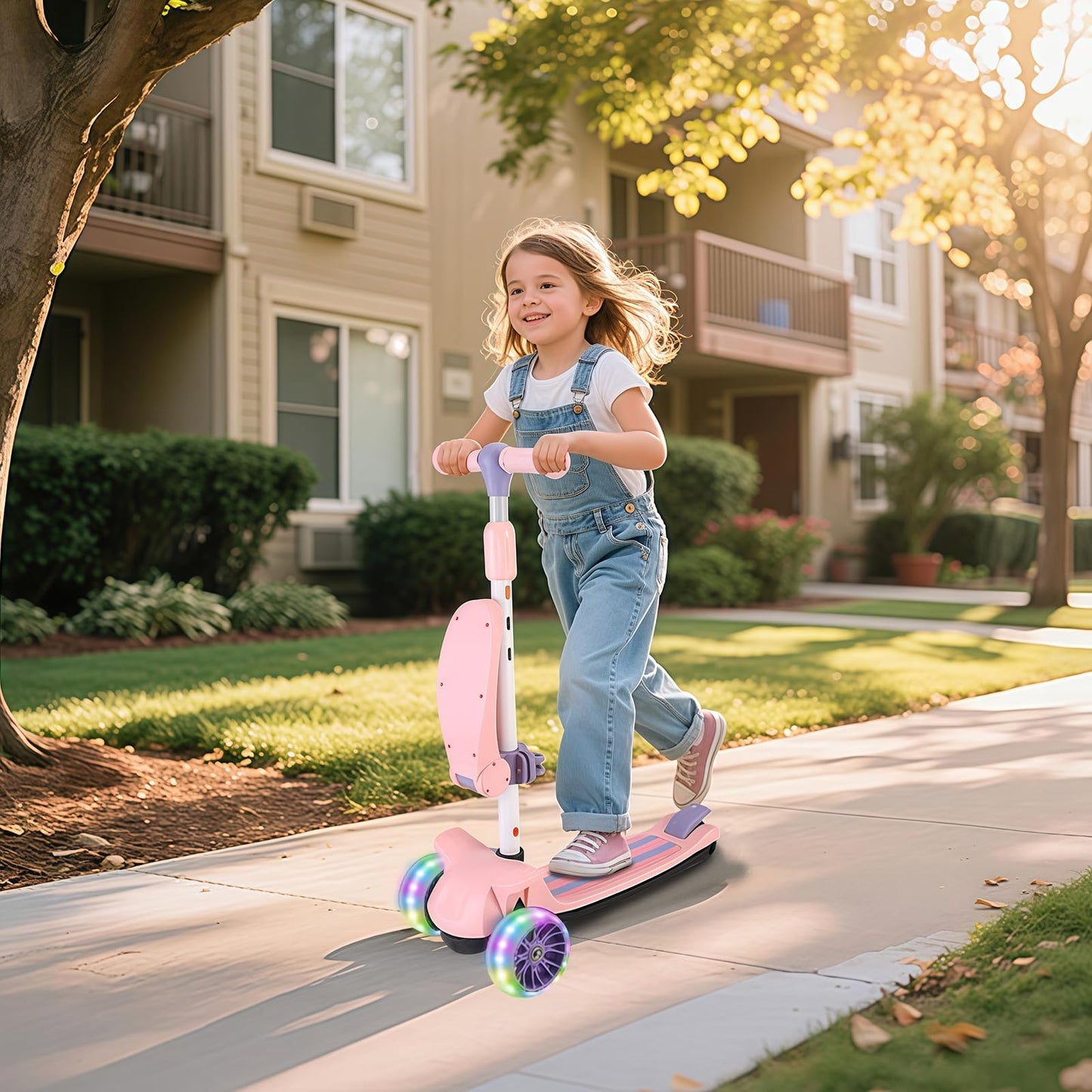 Wheelive 2 in 1 Kids Scooter with Removable Seat, Light up 3 Wheels Kick Scooter with 4 Adjustable Height Toddler Scooters Sit or Stand Ride for Boys & Girls 2-10 Years Old（Pink）