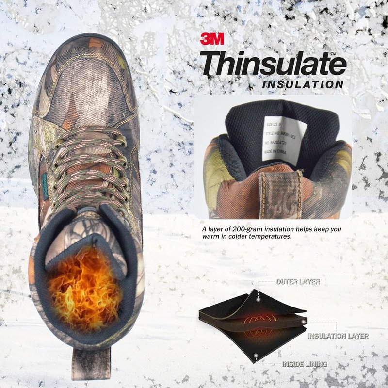 Waterproof Men's 8" Camo Hunting Boots - Lightweight Insulated Hiking Boots with 200g Thinsulate