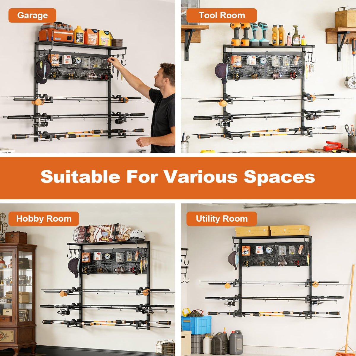 Olakee Wall Mount Fishing Rod Holders, Large Capacity Fishing Pole Holders for Garage Organizer, Horizontal Fishing Pole Rack Holds Up to 6 Rods with Pegboard & Hooks, Ideal Gift for Men Dad Anglers