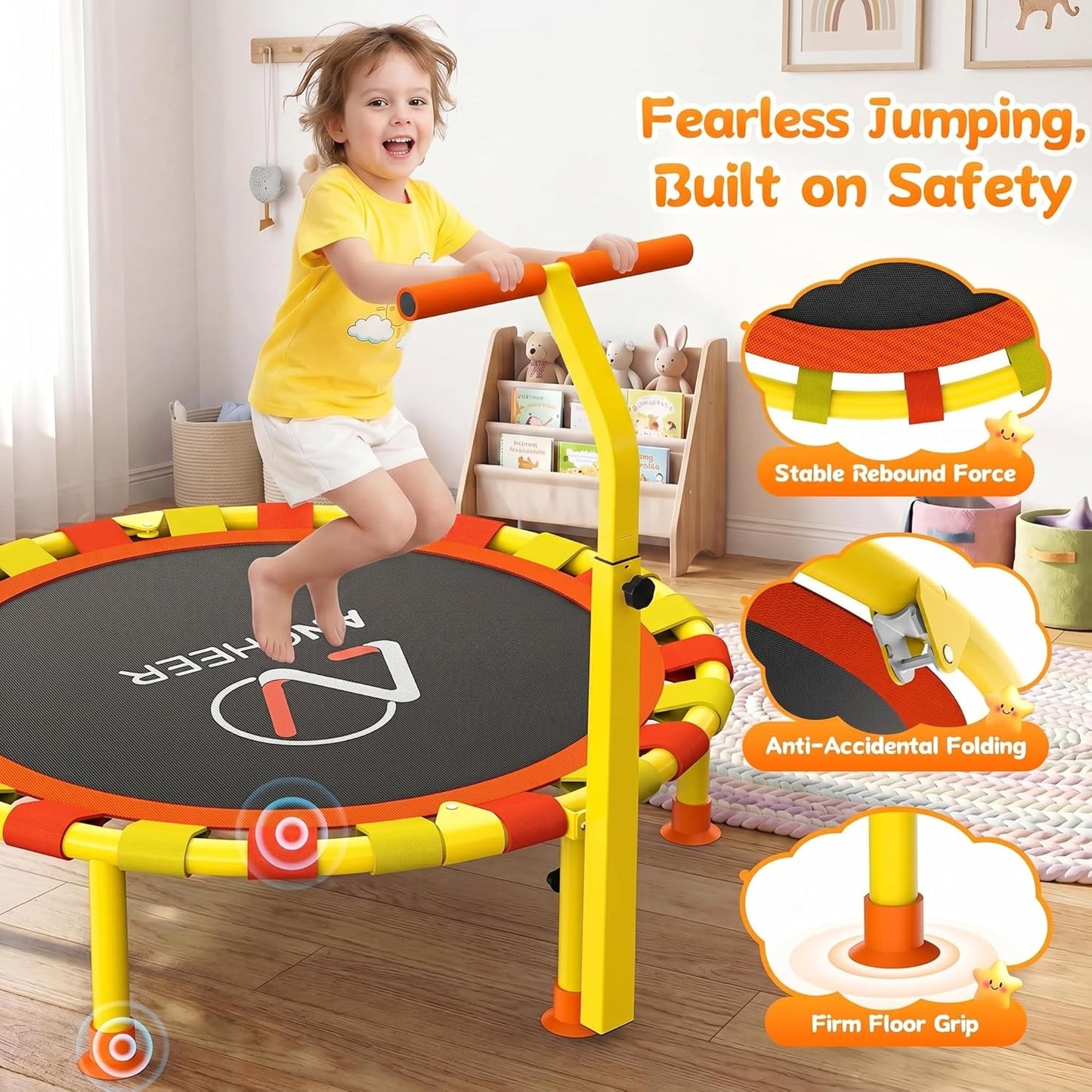 Ancheer 38'' Toddler Trampoline - Mini Trampoline for Kids 1-6 | Adjustable Handle, Foldable Design