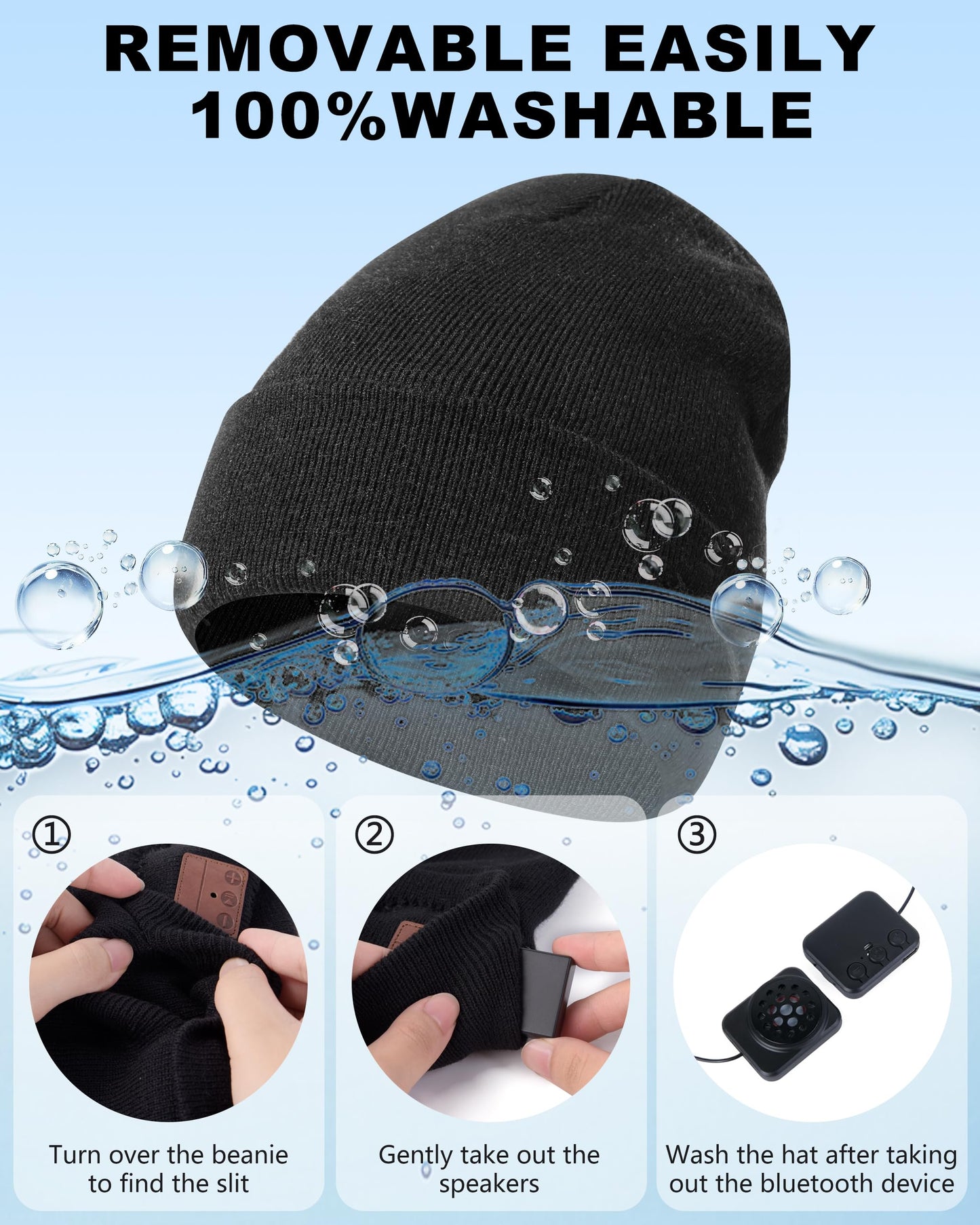 GADIEMKENSD Bluetooth Music Beanie Hat with Built‑in Headphones, Warm Knit Winter Hat for Men Women Teens, Wireless Skull Cap for Running Skiing Sports Tech Stocking Stuffer Black