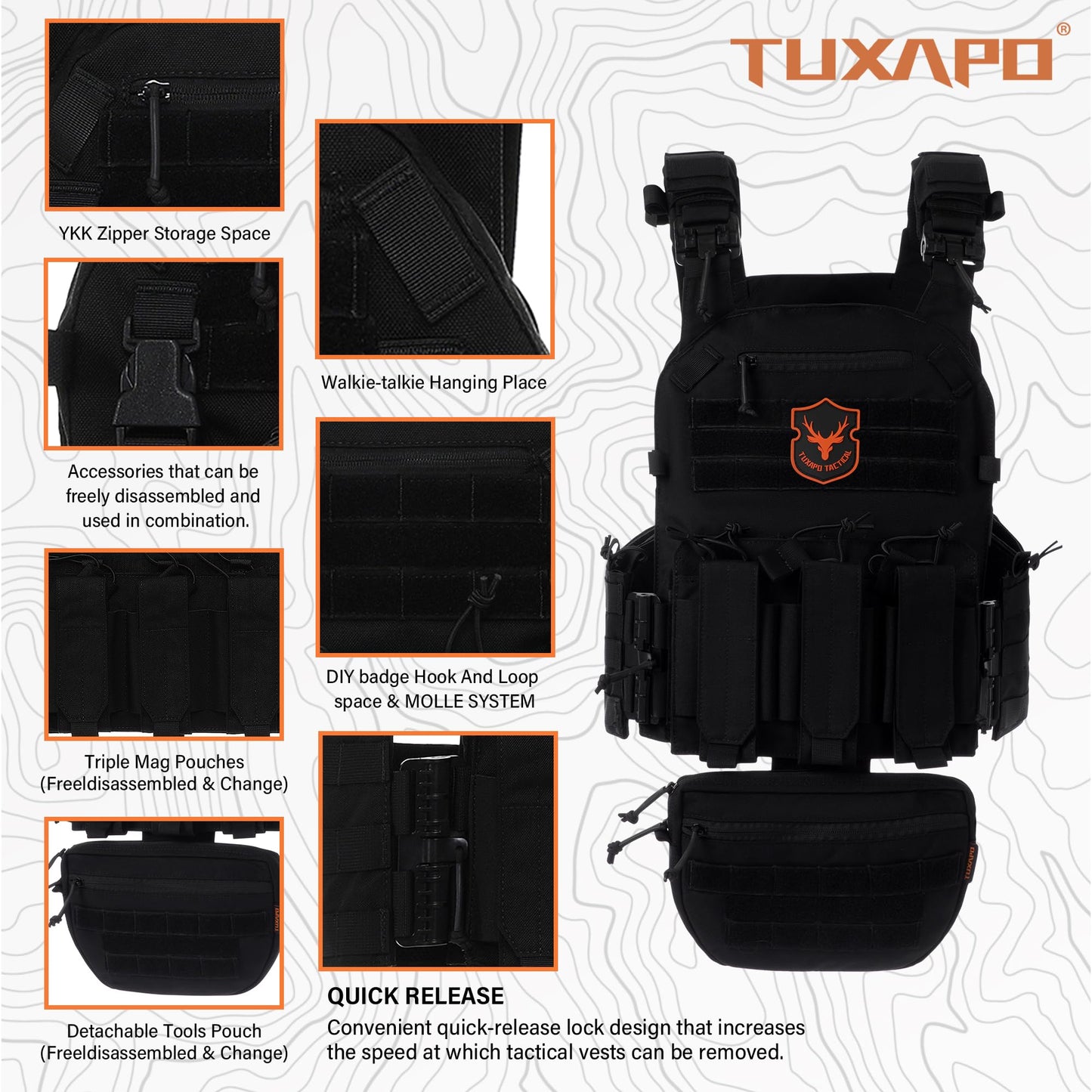 Tuxapo Tactical Molle Vest for Men with Quick Release Front Pouch Set Heavy-Duty Detachable and Reassembleable