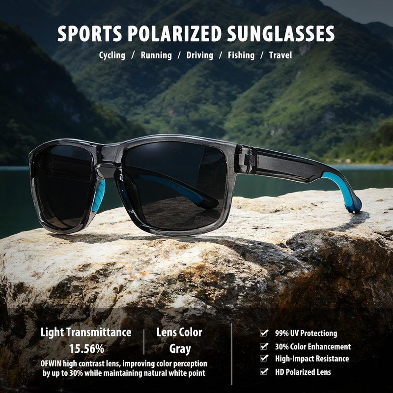 Ofwin Sports Polarized Sunglasses for Men Women UV Protection Unbreakable Driving Running Fishing Hiking Sun Glasses Clear Gray Frame/Gray Lens