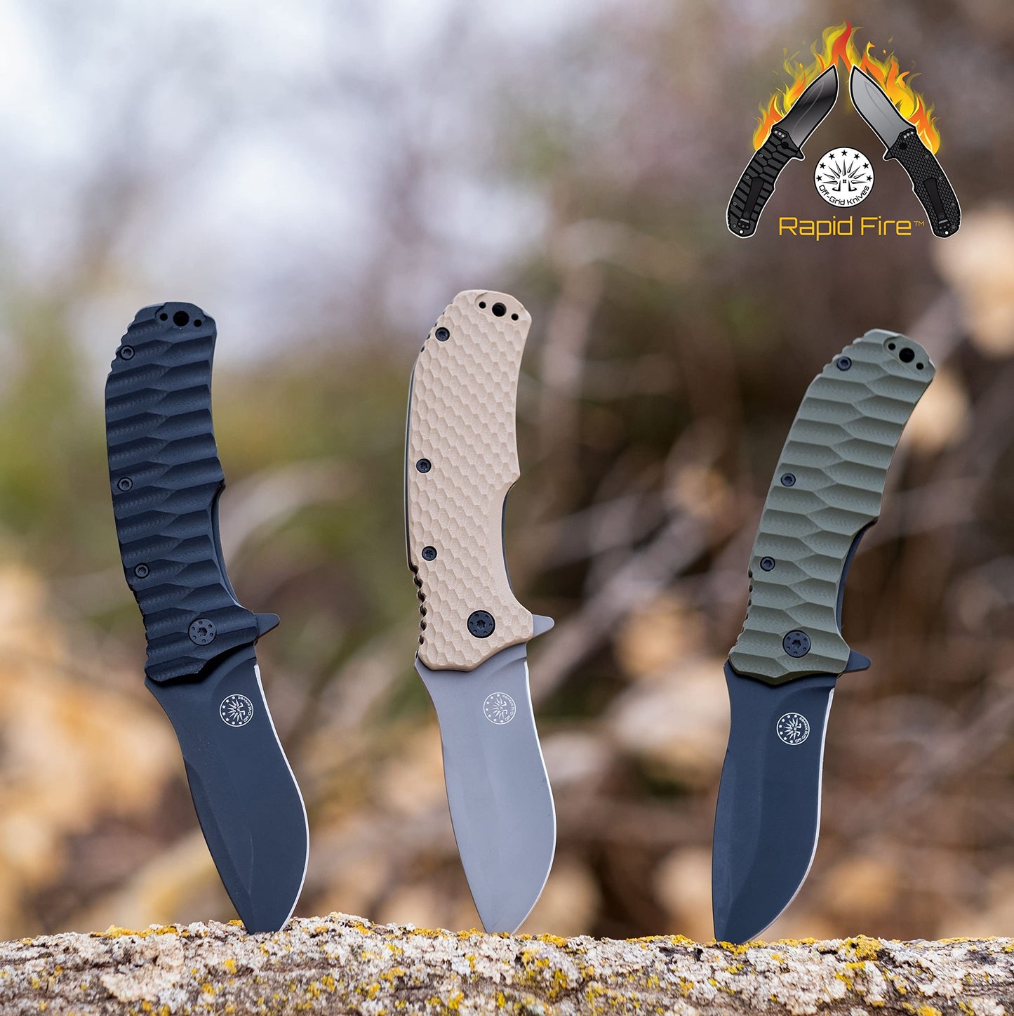 Off-Grid Knives - Rapid Fire Blackout - Large Folding Knife for Camping & EDC, Cryogenic D2 Blade Steel, Titanium Nitride Coating with G10 Scales & Deep Carry Clip