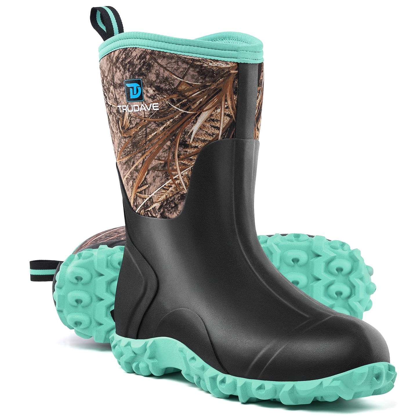 Trudave Rubber Boots for Women with Steel Shank, 6mm Neoprene Mid Calf Rain Boots, Waterproof Insulated Mud Work Boots All Season, Green, Size 6