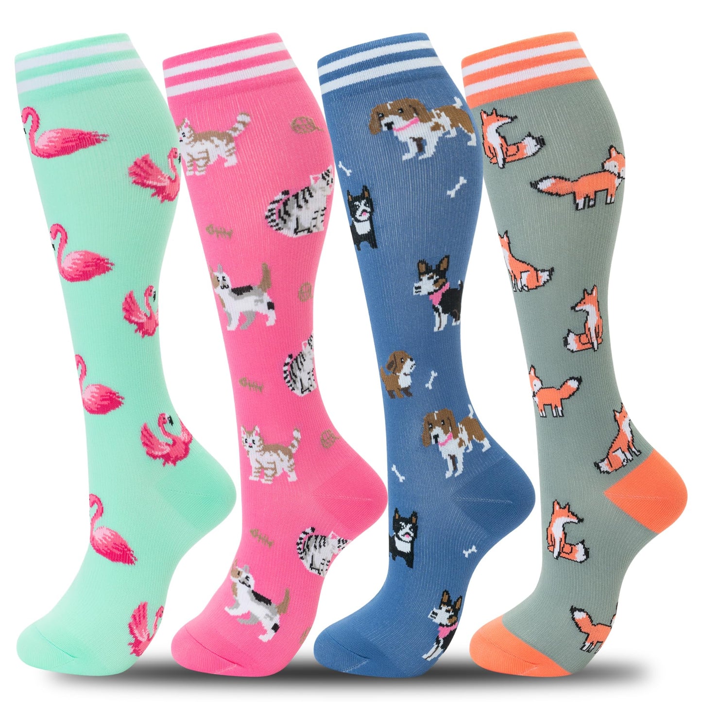 fenglaoda Compression Socks Women Men 4 Pairs, Knee High Support Socks for Running, Sports, Travel, Flight, Nurse
