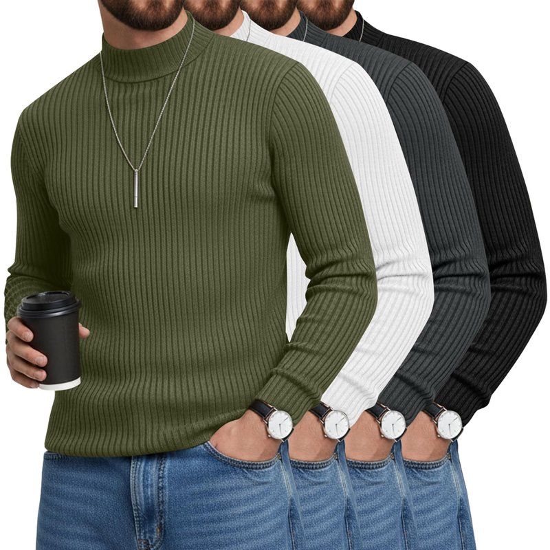 Sweetyweee 4 Pack Men's Mock Turtleneck T-Shirts Cotton Ribbed Knitted Long Sleeve Pullover Slim Fit Casual Basic Sweaters(Army Green, White, Dark Gray, Black,Medium)