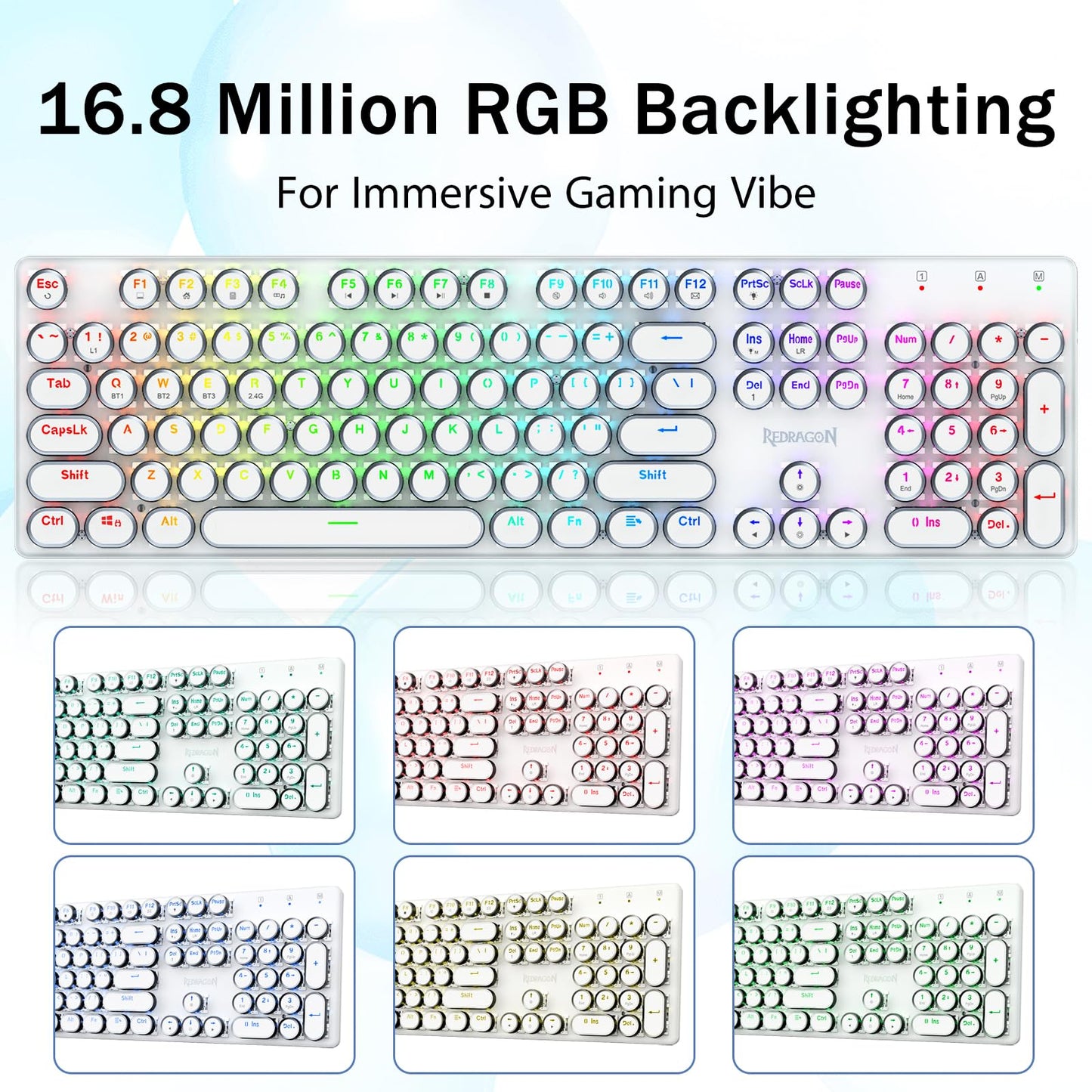 Redragon K710 Wireless Typewriter Mechanical Gaming Keyboard, Bluetooth/2.4Ghz/Wired, RGB LED Backlit, Blue Switch - Clicky, Rechargeable, Solid Metal Panel, Round Keycaps, White