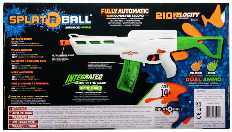 SplatRBall SRB800 Pyro Glow-in-The-Dark Water Gel Ball Blaster Kit - Full Auto, 210 FPS, 800-Round Magazine, 20,500 Total Rounds - Orange/White