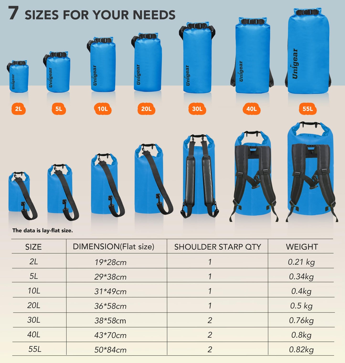 Unigear Dry Bag 2L/5L/10L/20L/30L/40L/55l Waterproof Dry Sack Roll Top with Phone Case and Long Adjustable Shoulder Strap for Boating/Kayaking/Fishing/Rafting/Swimming/Camping/Snowboarding