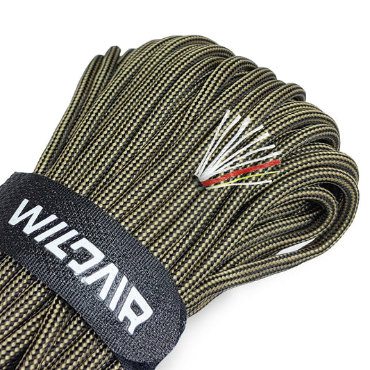 WILDAIR Paracord Survival Paracord Parachute Fire Cord Survival Ropes 4-in-1 5/32" Diameter U.S. Military Type III with Integrated Fishing Line, Fire-Starter Tinder (Black Khaki Stripe)