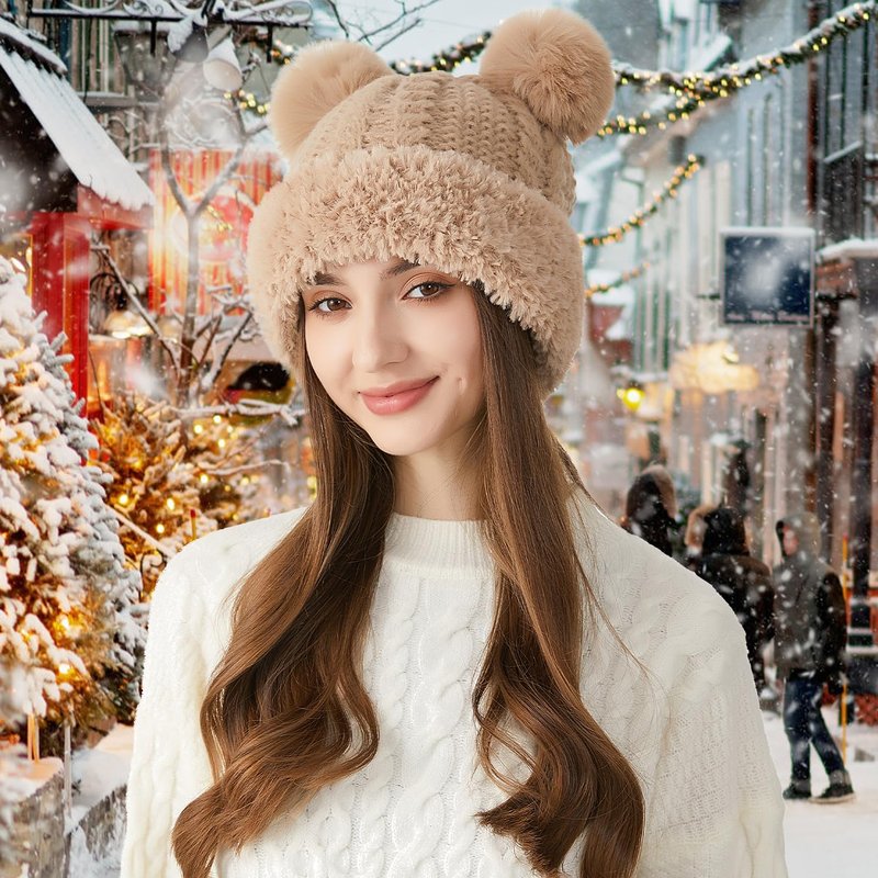 Peicees Knitted Beanie with Fur Pompom for Women Chunky Winter Beanie Hat Warm Fleece Lined Skull Cap Cute Khaki
