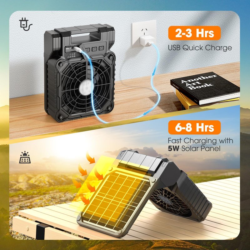 JINLICTE Solar Camping Fan with LED Lantern, 10400mAh 10W Solar Panel fan, Quiet Battery Operated Tent Fan for Picnic, Barbecue, Fishing, Travel