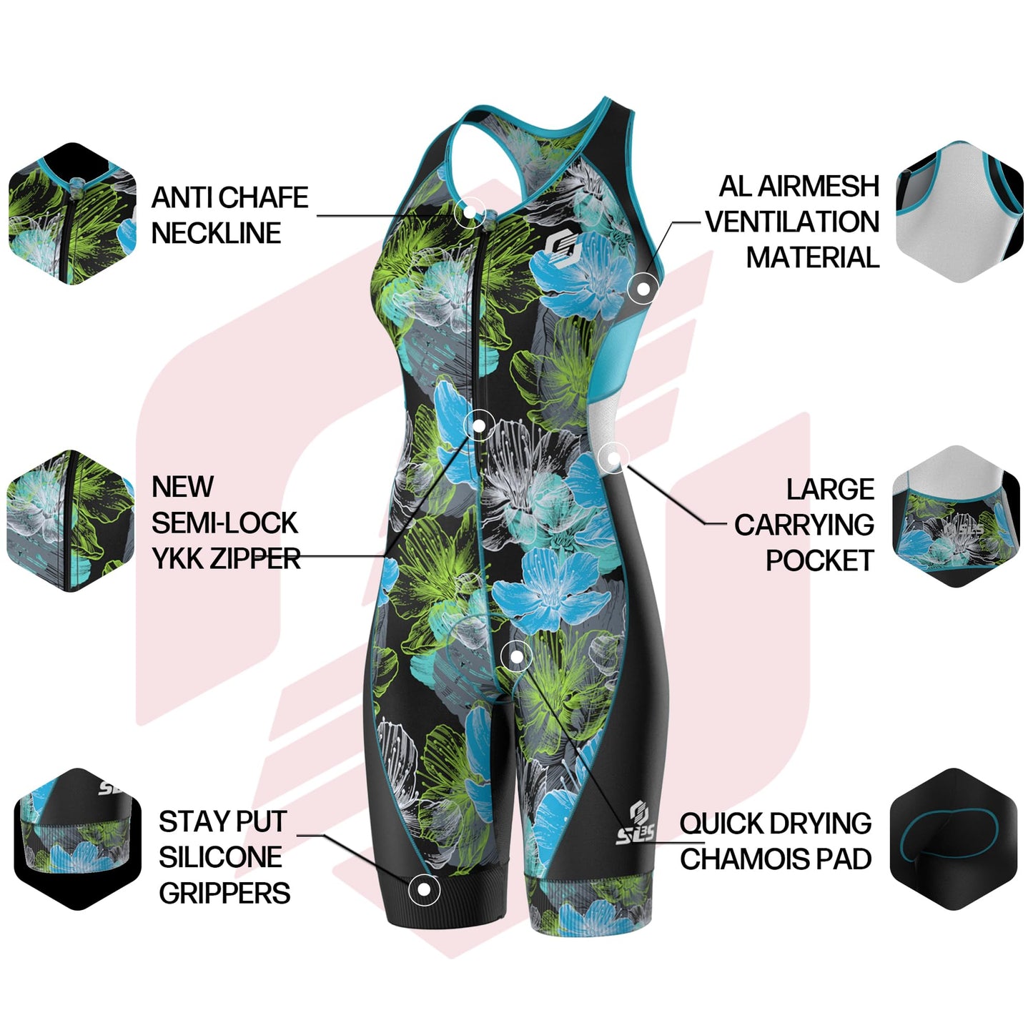 SLS3 Triathlon Suits Women – Sleeveless Trisuit Women - Premium FX Fabric, Tri Suit Womens Triathlon Suit, No Shelf Bra (Blue Ocean Blooms, Small)