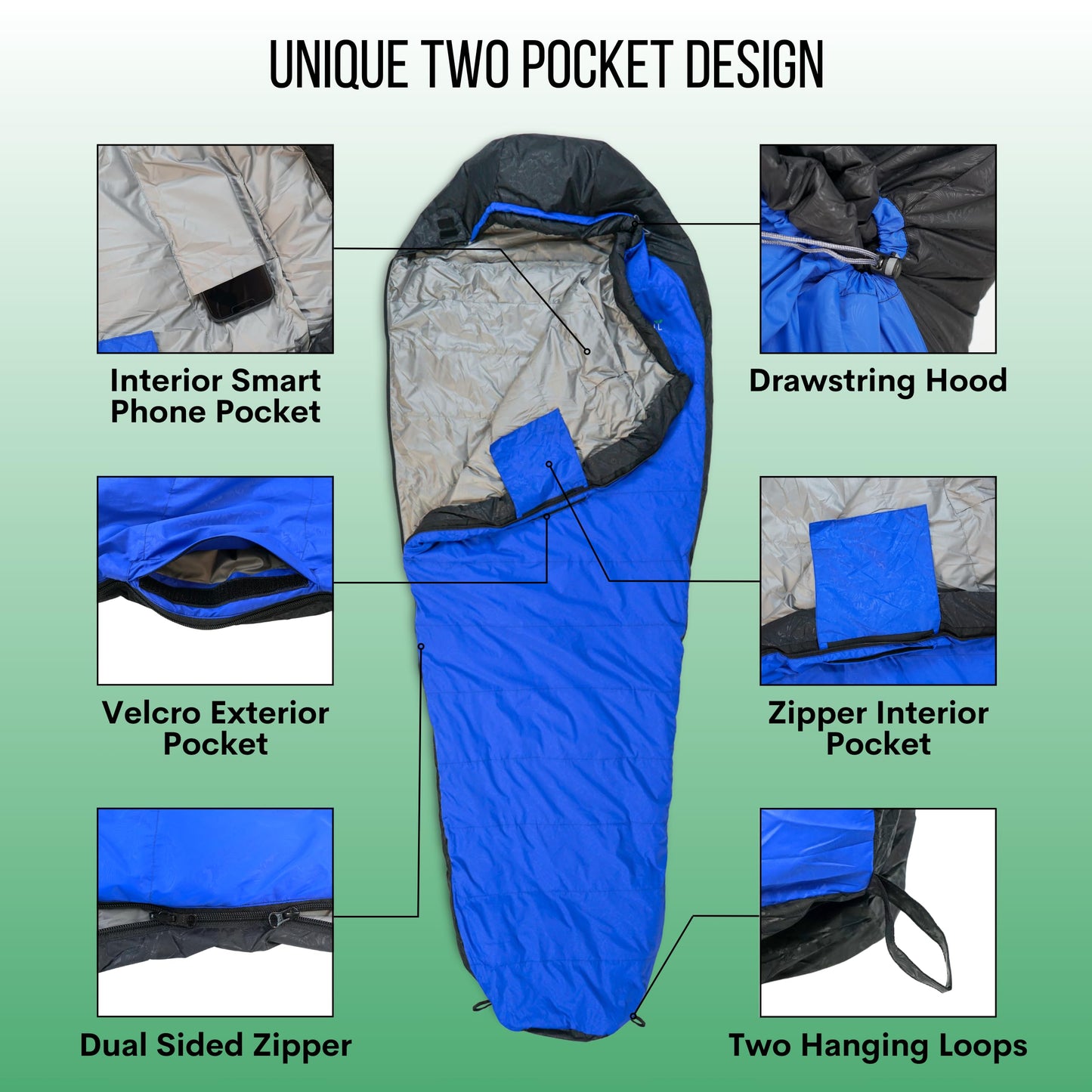 Duck Down Mummy Sleeping Bag for Adults – Cold & Warm Weather Sleeping Bags – Lightweight, Compact & Portable Camping – Sleep bag for Emergency, Hiking, & Backpacking – Compression Carrying Bag – Blue