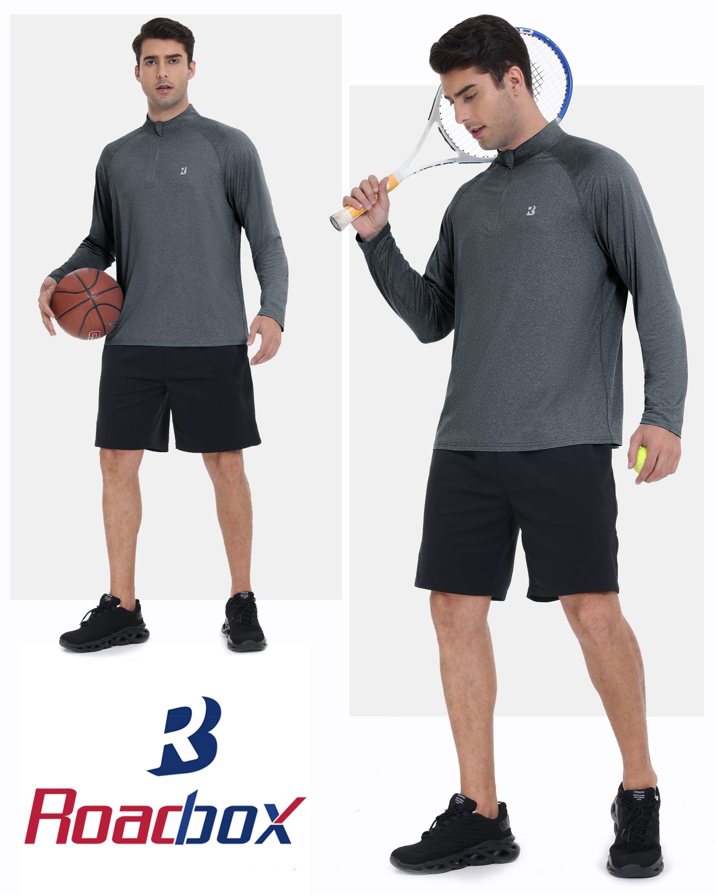 Roadbox Quarter Zip Pullover Men Golf Running Workout Long Sleeve Shirts Lightweight Quick Dry Athletic Rash Guard Shirt Gray