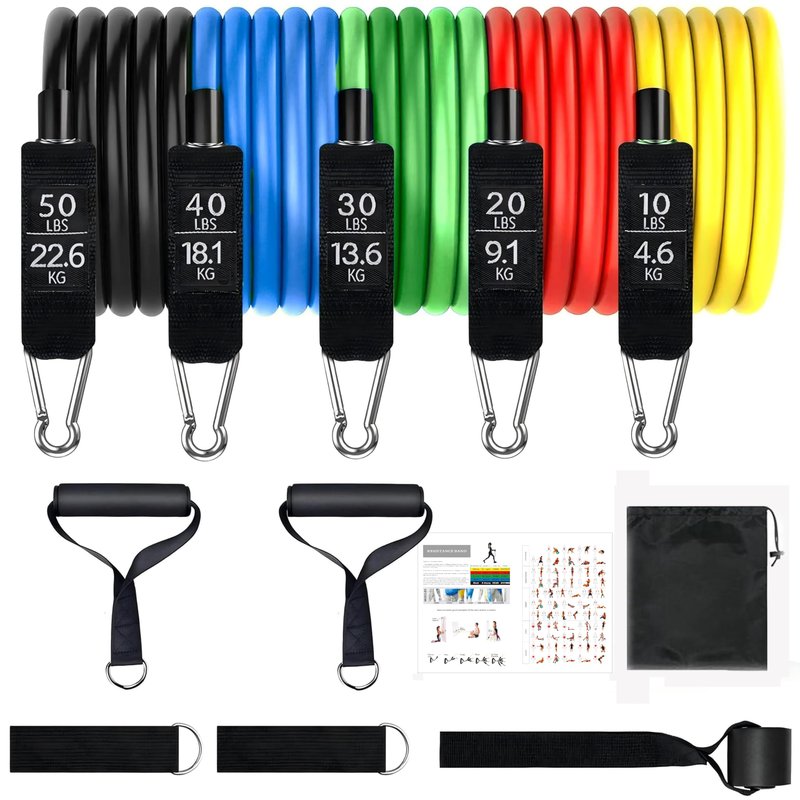 Resistance Bands Set, Exercise Bands, Work Out Bands with Handles, Up to 150lbs, Color Coded Exercise Bands, Exercise Guide, Storage Bag