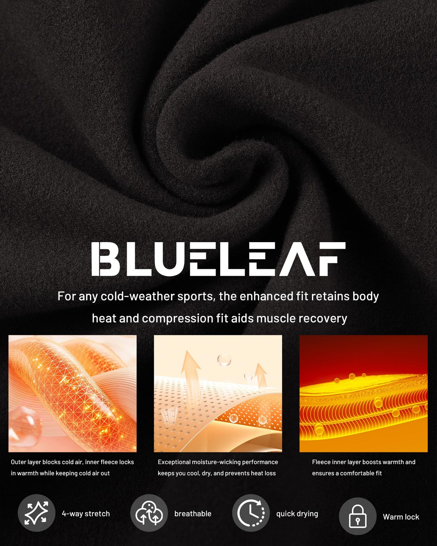 Blueleaf Mens Thermal Compression Pants Fleece Lined Athletic Running Tights Leggings Cold Weather Sports Base Layer Bottoms Winter Gear Black M