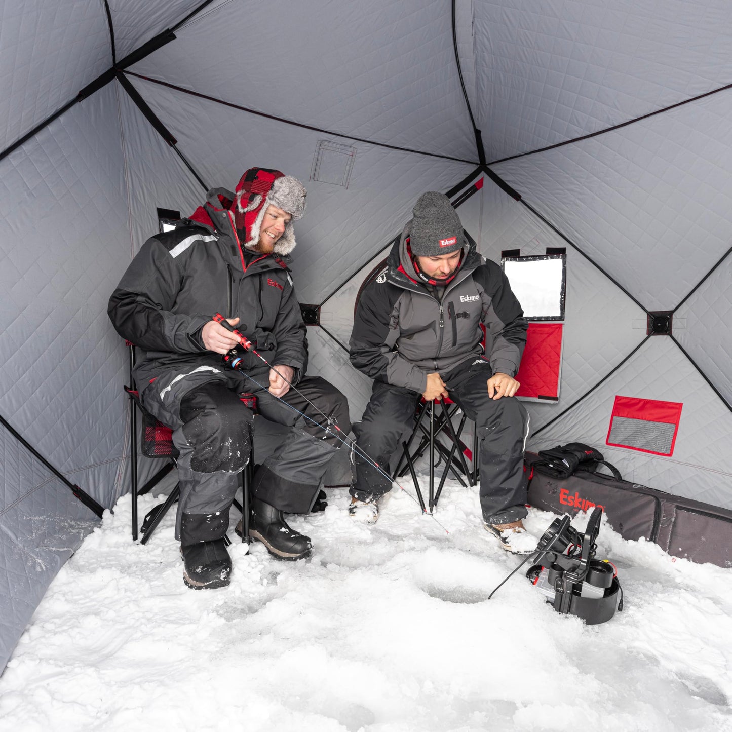 Eskimo QuickFish™ 3HD, Pop-Up Portable Shelter, No-Trip Door, Red/Black, Fully Insulated, Deluxe Ice Anchors, Three Person, Ice Fishing Shelter, 46075