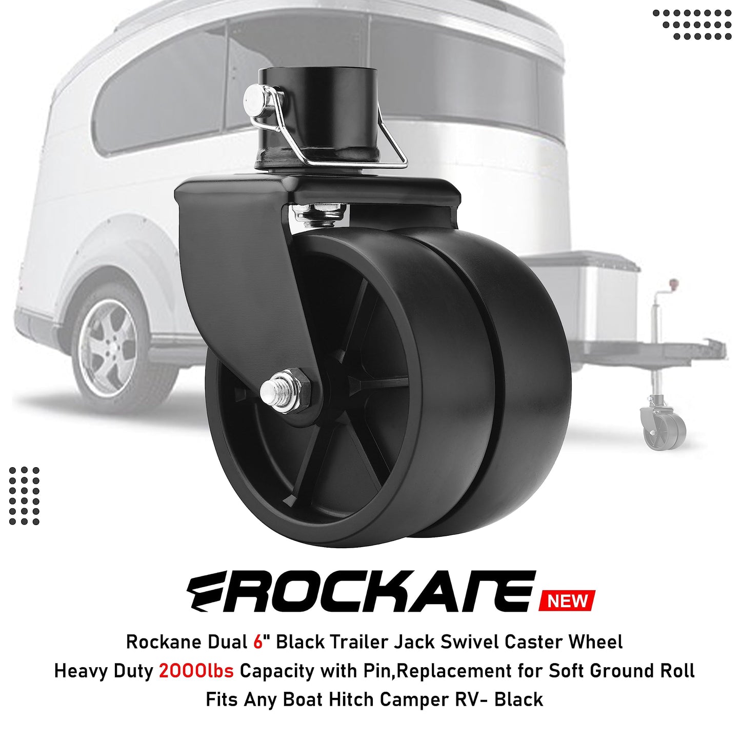 Rockane Dual 6'' Black Trailer Jack Swivel Caster Wheel Replacement, Heavy Duty 2000lbs Capacity with Pin for Soft Ground Roll, Fits Any Boat Hitch Camper RV- Black