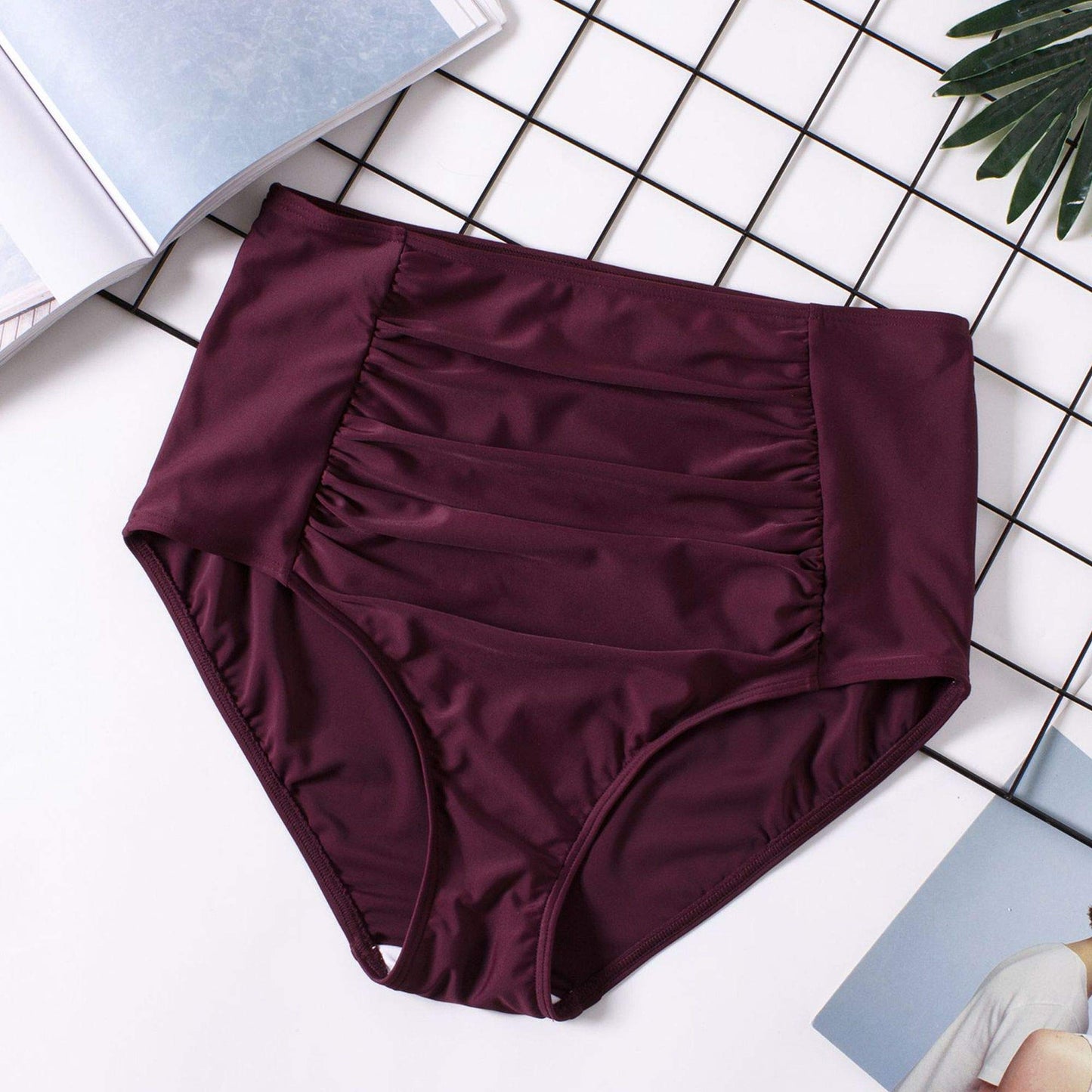 Womens Purple Burgundy High Rise Wasted Swim Bottoms Bathing Suit Retro Front Ruched Slimming Plum XL