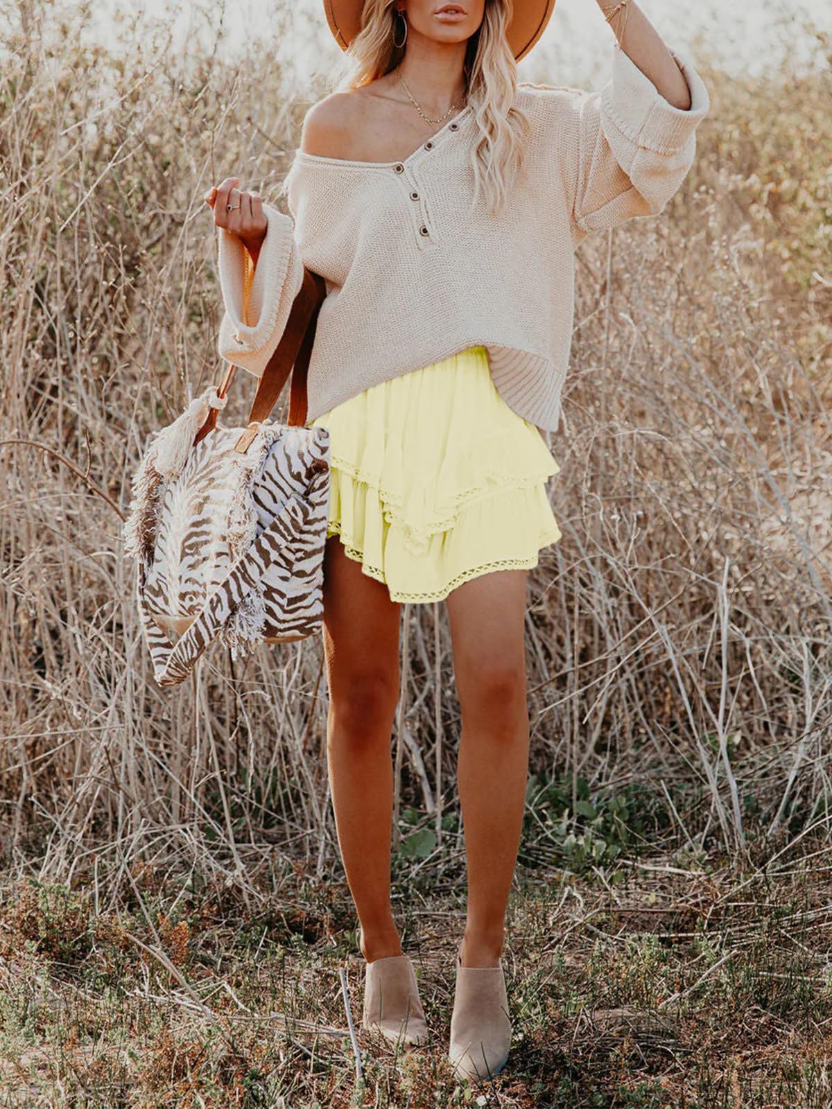 Aoudery Flowy Shorts for Women Casual Boho Ruffle Tiered Skorts High Waist Mini Skirts Golf Tennis Butterfly Crochet Shorts - Light Yellow M