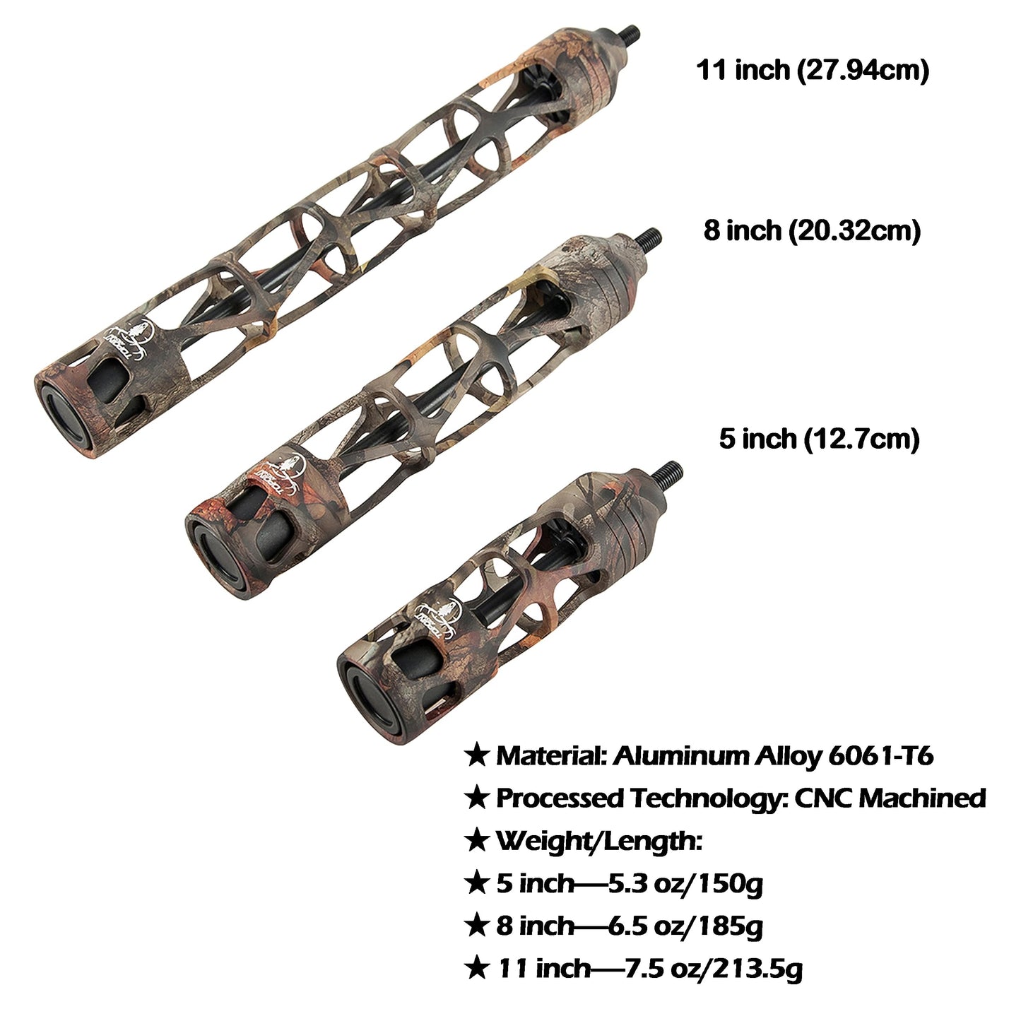 ZSHJGJR Archery Bow Stabilizer Aluminum Alloy, Shock Absorber, 5 Inch 8 Inch 11 Inch, Bow Stabilizer Vibration Damper, All-CNC Aluminum Machined for Compound Bow Accessories (Camo, 11 Inch)