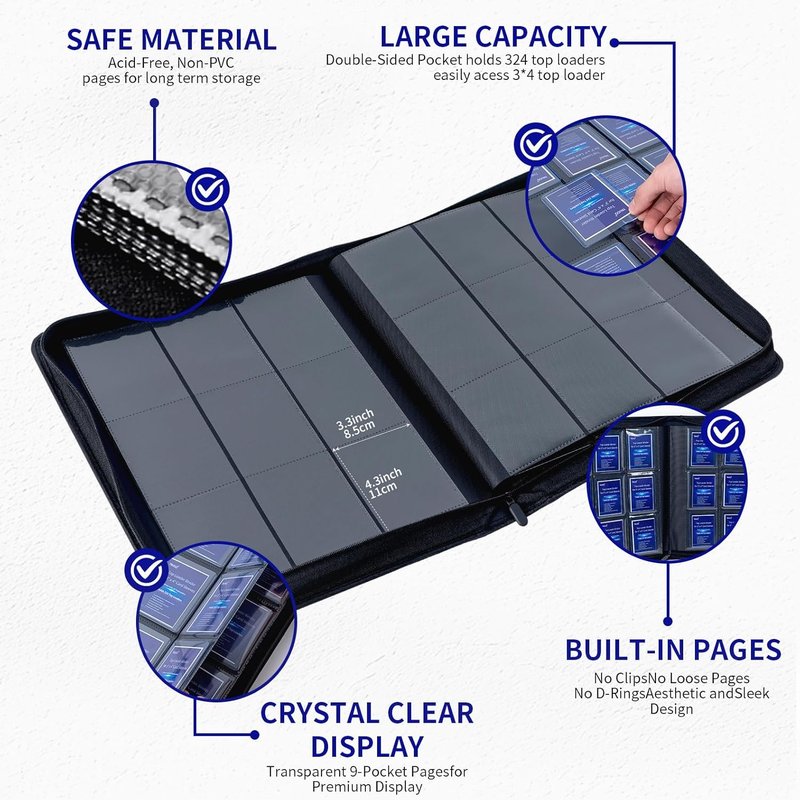 Toploader Binder - Holds 324 Toploaders | Waterproof PU Leather + Anti-Yellowing Inserts | Portable Card Storage for Sports & Game Cards