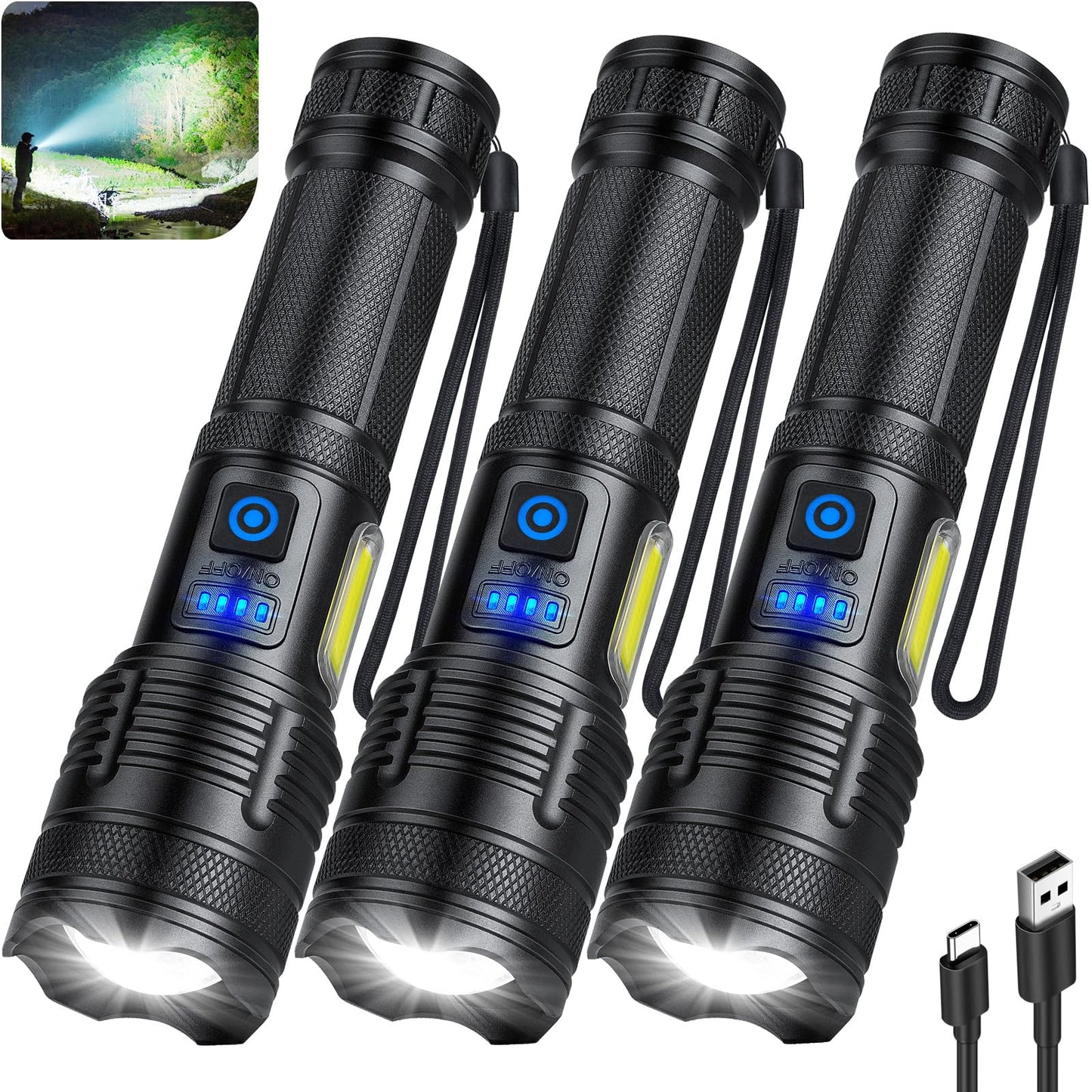 KINGCAESAR 3 Pack Rechargeable Flashlights 90,000 High Lumen, Ultra Bright LED Flash Light for Home, High Powered Flashlights with 7 Light Modes, IPX7 Waterproof for Camping