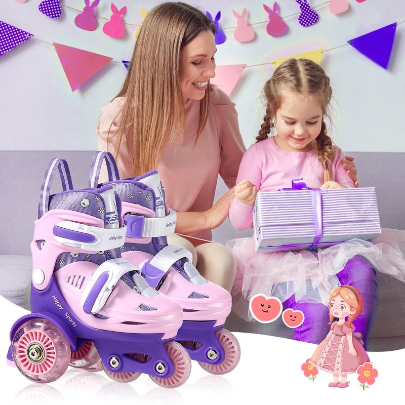 Toddler Roller Skates, 4 Adjustable Sizes, Light-up Wheels, Safety Three-Point Balance, Beginner Skates for Ages 3-8 Girls Boys Kids, Suitable Indoor & Outdoor Use (Pink&Purple, S-Small(11C-1Y US))