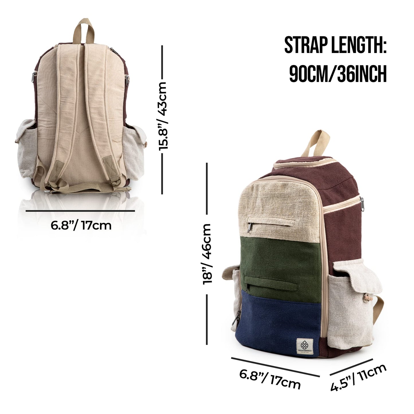 Large Hemp Backpack Multi 8 Functional Pocket Bag - Eco Friendly Unisex Rustic Durable Day Backpack by Freakmandu