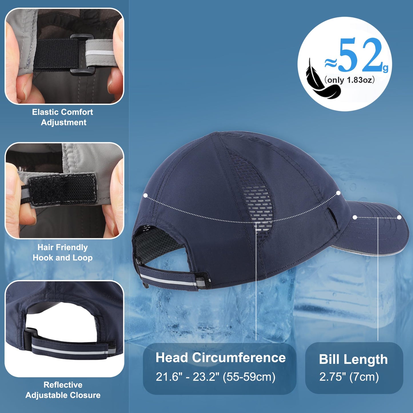 Connectyle Quick Dry Running Cap for Men Women UPF 50+ UV Protective Sports Hat Adjustable Baseball Tennis Golf Hat Navy Blue