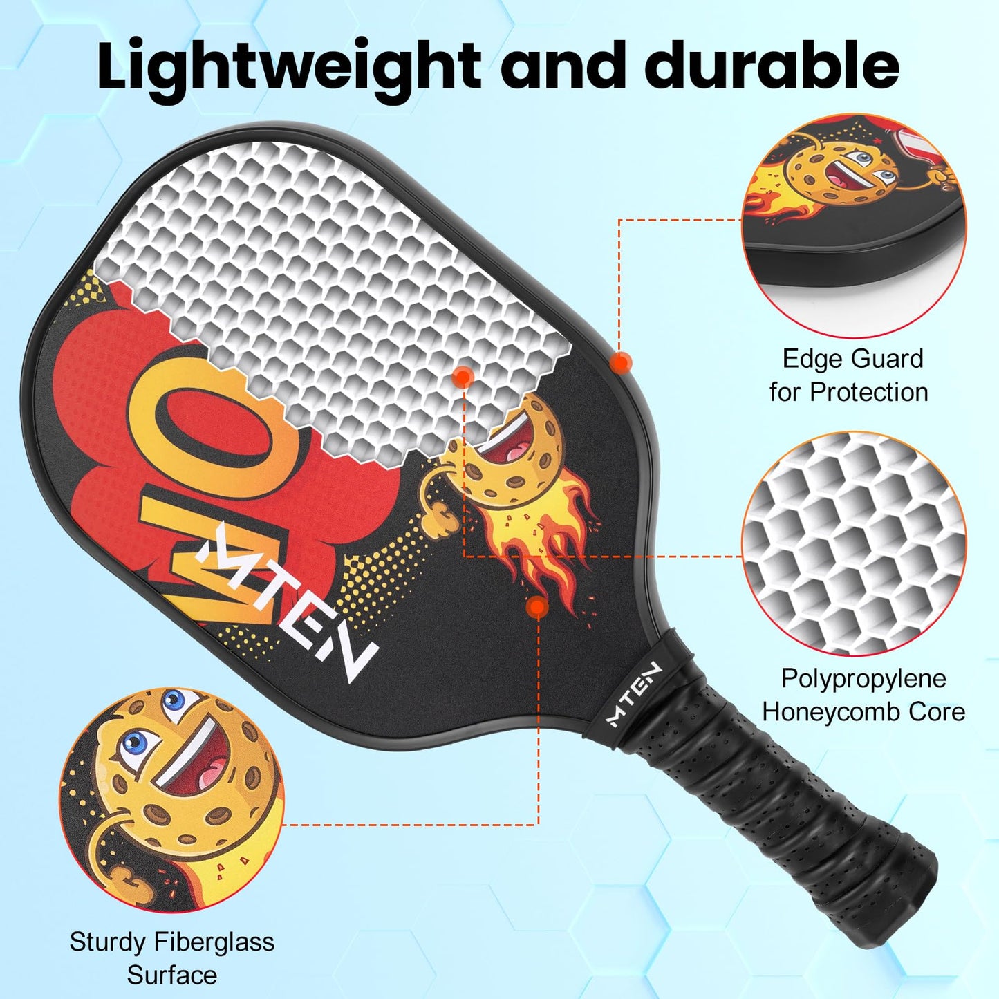 MTEN Pickleball Paddle for Kids, Fiberglass Surface Pickleball Padlles Set of 2,Child Size for Children 12 and Above, Pickleball Paddle & Drawstring Bag （Wow）