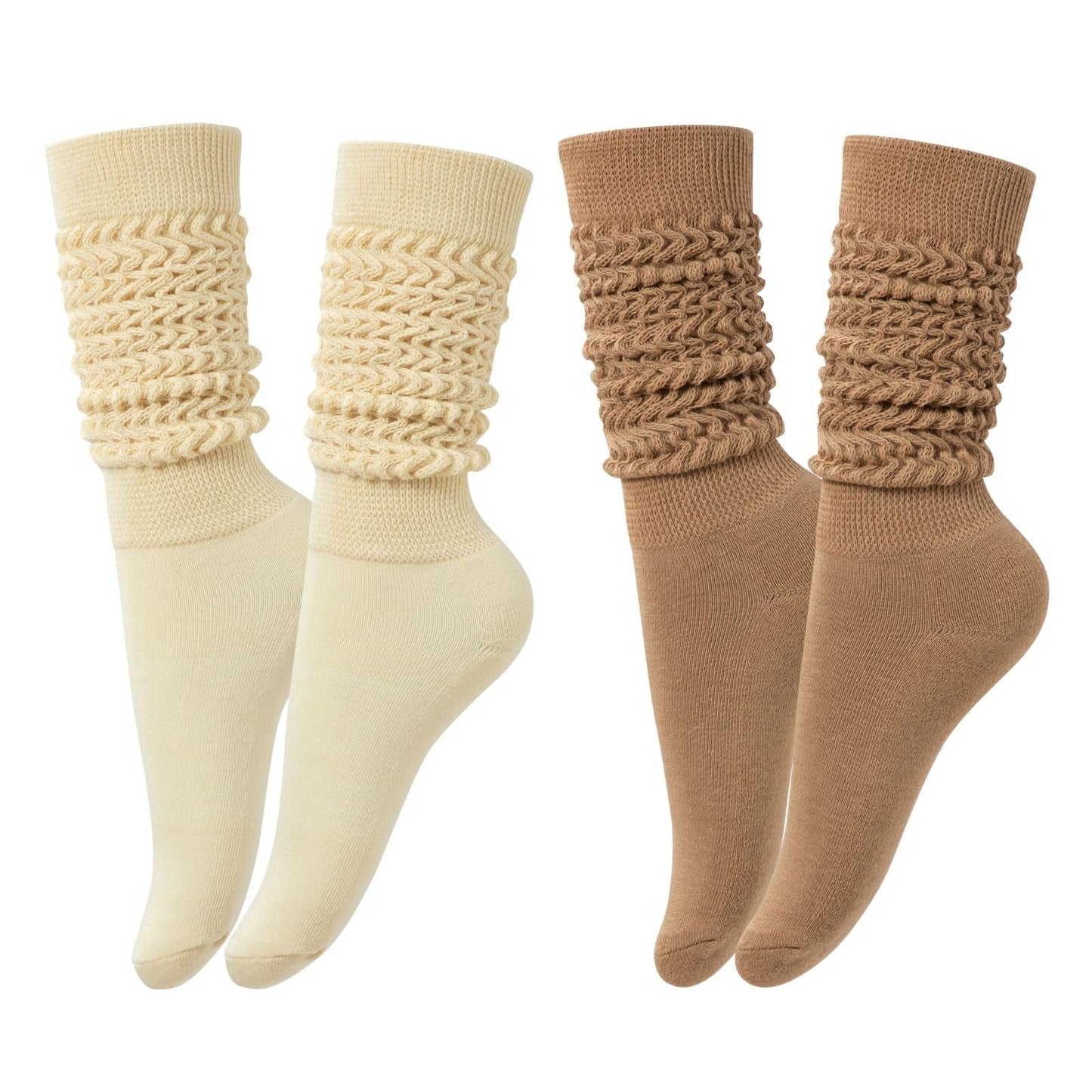 STNFAMILI Slouch Scrunch Socks for Women, Long High Tube Socks Women (2 Pairs - Beige/Camel)