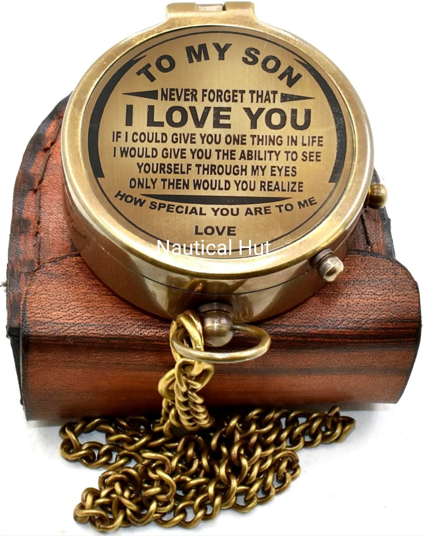 to My Son Brass Engraved Compass – Vintage Pocket Compass with Leather Case, Solid Antique Brass Navigation Compass, Personalized Engraved Gift from Mom to Son for Graduation, Birthday, Christmas