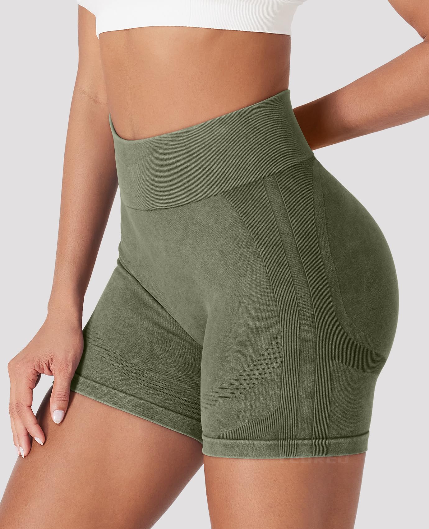 YEOREO Women Workout Biker Shorts Impact 4.5" Faux Denim No Front Seam Mid Waist Hidden Scrunch Lifting Yoga Gym Shorts Green S