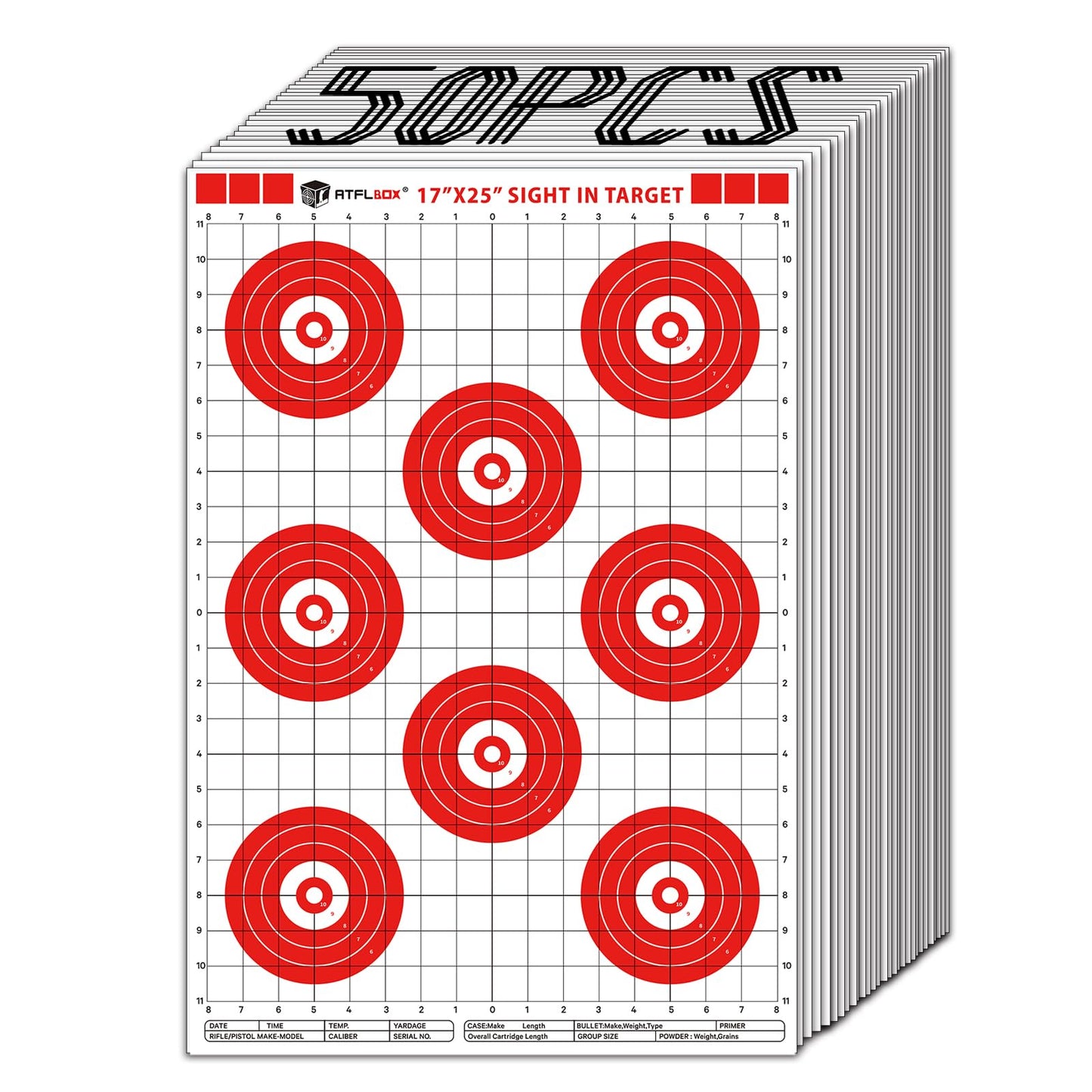 Atflbox Sight in Shooting Range Paper Target, 17X25 Inch Paper Red Bullseye Shooting Targets Suitable for Handgun, Rifle, Pellet Gun, Airgun, BB Guns, Airsoft (50 Pack)
