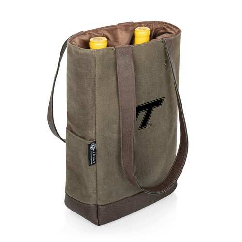 PICNIC TIME 2 Bottle Insulated, Distressed Waxed Canvas Tote, Wine Gift Bag, Khaki Green with Beige Accents
