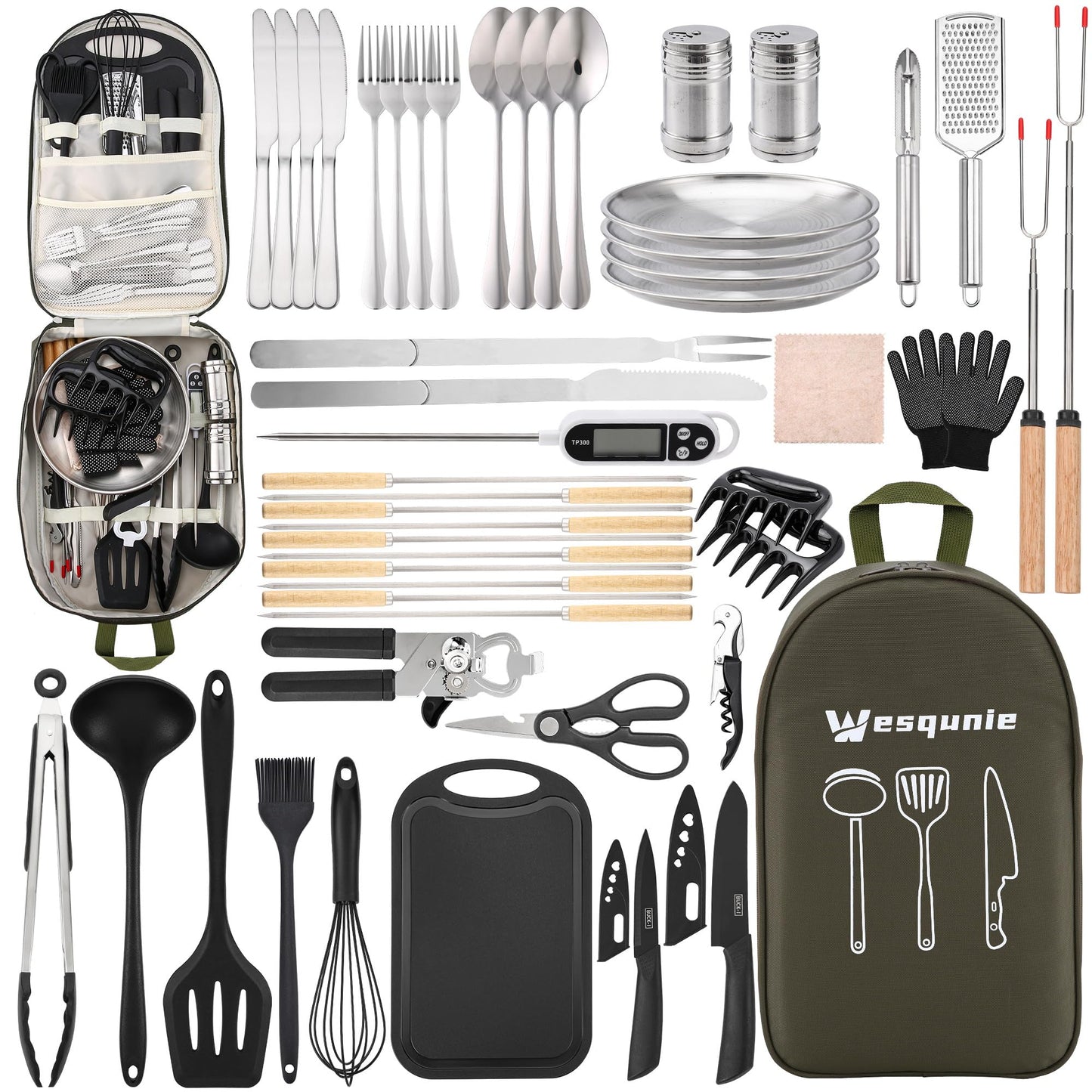 Wesqunie Camping Essentials Cookware Cooking Utensils Set - Portable Camp Kitchen Mess Kit Outdoor Accessories, Stainless Steel & Silicone, Camping Gear Equipment for RV Picnic Grill, 50PCS Green