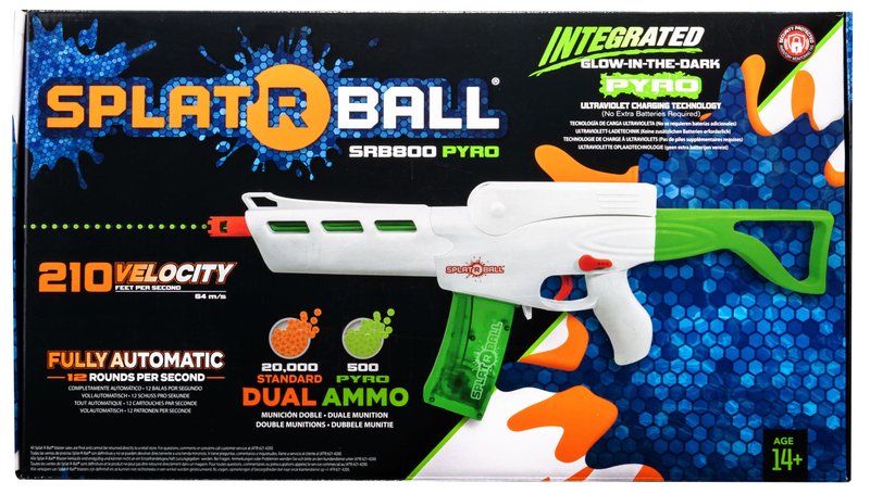 SplatRBall SRB800 Pyro Glow-in-The-Dark Water Gel Ball Blaster Kit - Full Auto, 210 FPS, 800-Round Magazine, 20,500 Total Rounds - Orange/White
