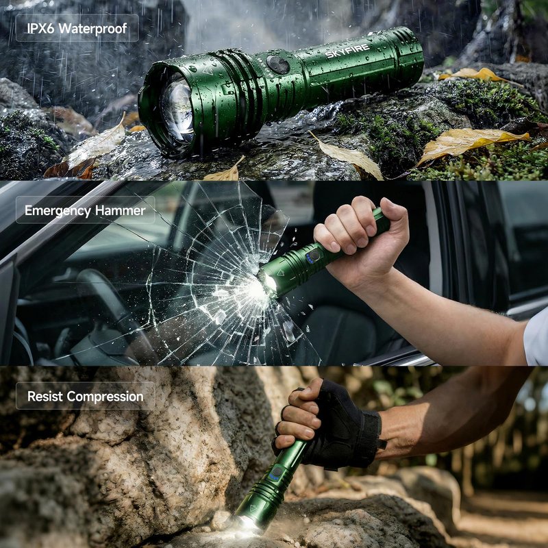 SKYFIRE 1376 LED Flashlights with Ignition Lens, Rechargeable 2000 High Lumens Zoomable Flash Light, 5 Modes Waterproof IPX6 Powerful Tactical Flashlight for Emergency Camping Essentials Home (Green)