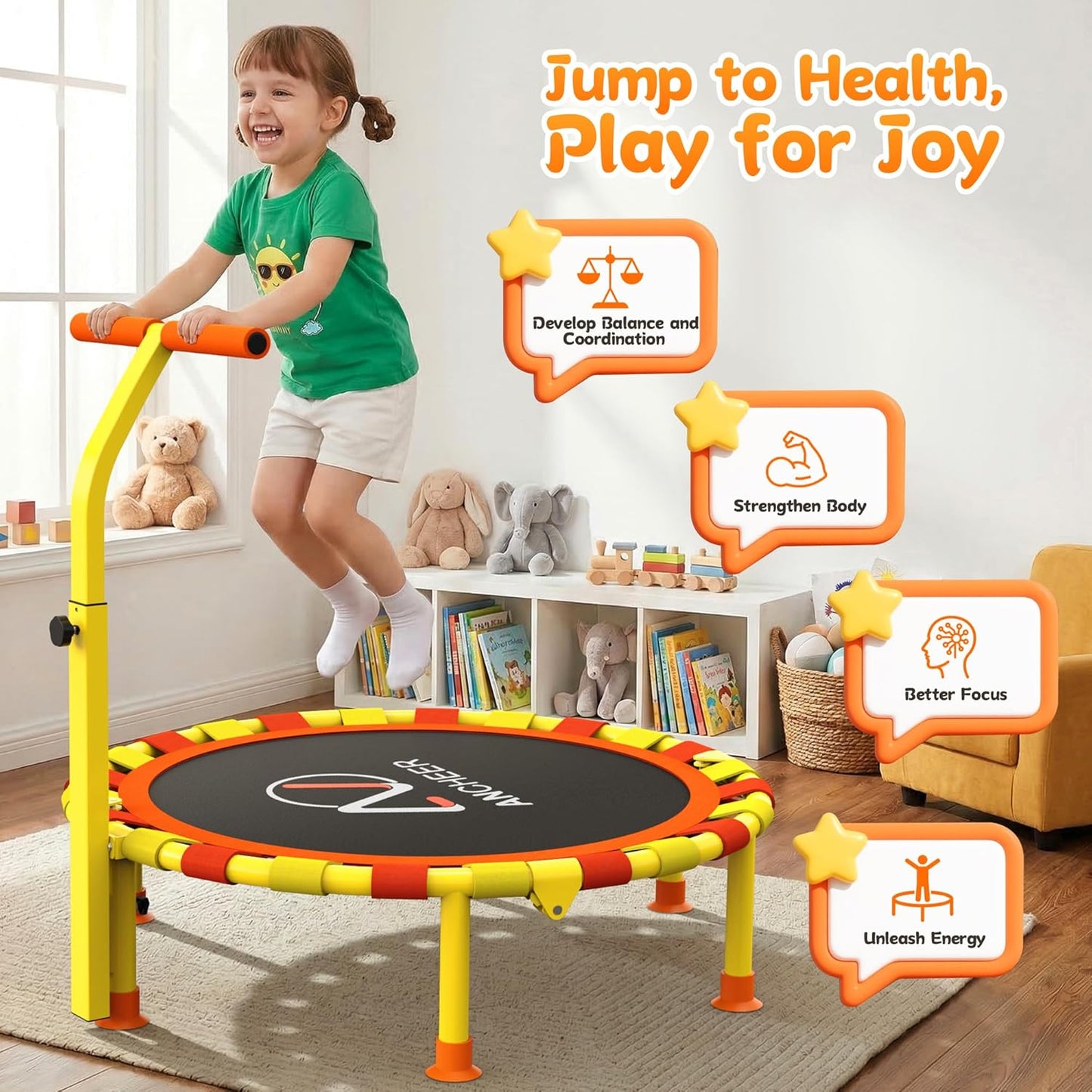 Ancheer 38'' Toddler Trampoline - Mini Trampoline for Kids 1-6 | Adjustable Handle, Foldable Design