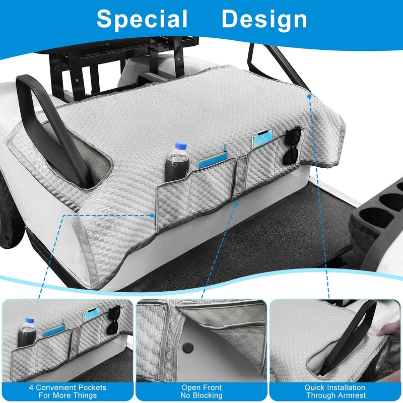 RIZINKART Golf Cart Seat Blanket for EZGO, Club Car, Enhanced Quality Material, 50.2''x 29.7'', Easy to Install and Clean, 4 Convenient Pockets, Gray Golf Cart Seat Covers, Double Non-Slip